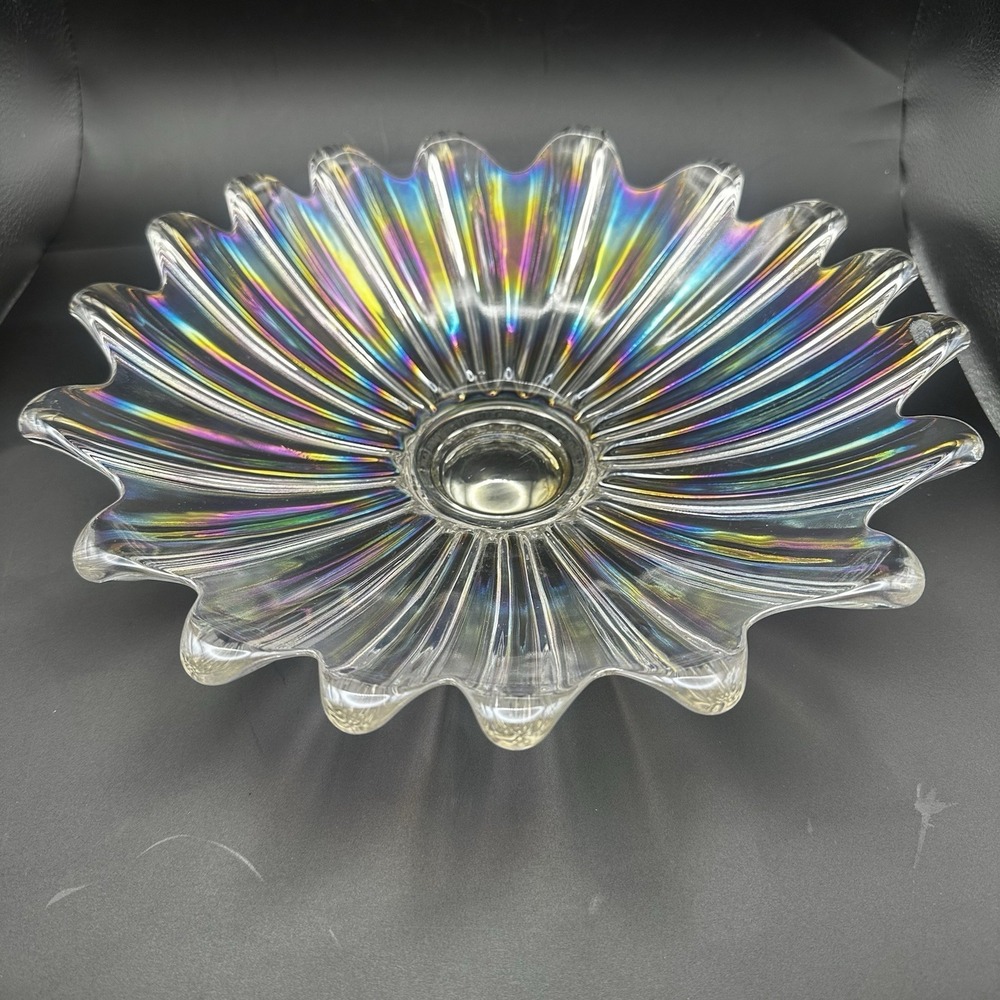 Vtg Federal Glass Celestial Iridescent Clear Glass Scalloped Centerpiece Bowl